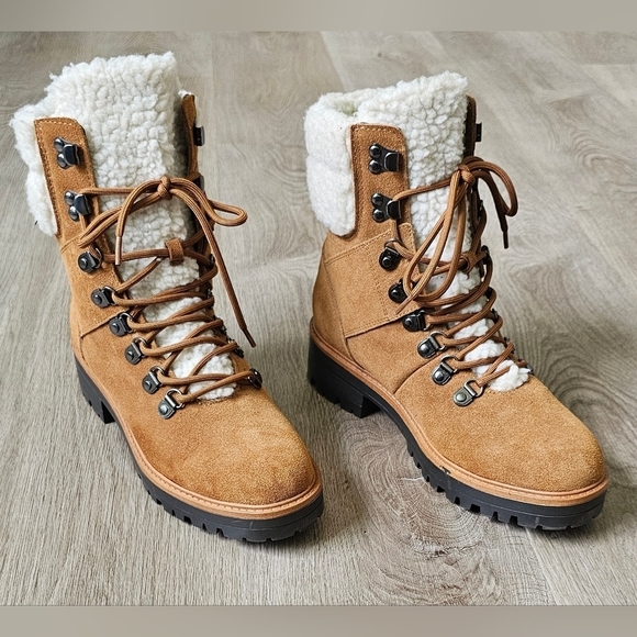 Marc Fisher Shoes - Marc Fisher Tan Suede Sherpa-Lined Lace-Up Winter Boots – Size 8M